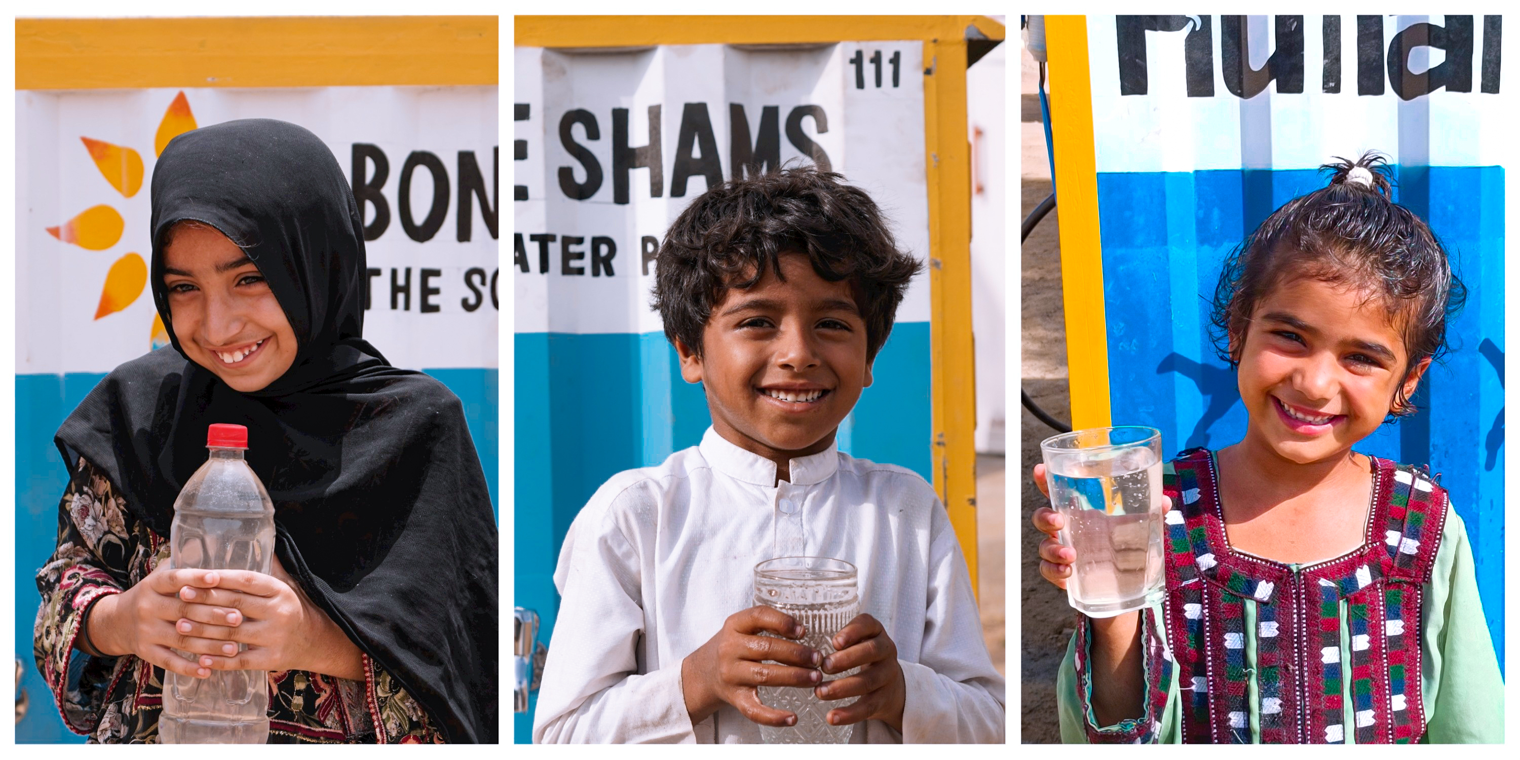 A panoramic collage featuring three children with beaming smiles in front of the OASIS box. On the left, a girl in a black hijab clutches a clear bottle of water. In the center, a boy in a white traditional dress holds a glass of water. On the right, a girl in a colorful embroidered dress happily shows off a glass of water. 