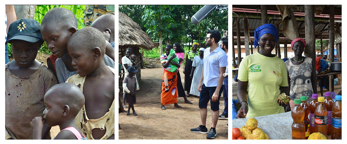 A collage of three images. On the left, a group of children in tattered clothing gather closely, one wearing a black cap with a sun emblem. In the center, our CEO Hamza Farrukh is observing a local scene with thatched huts and villagers in colorful garments. On the right, a smiling woman in a yellow shirt and blue headwrap stands at a market stall with bottles of local honey and fruits.