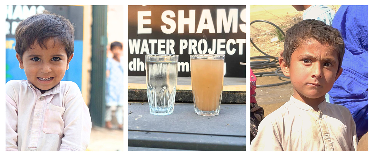 A three-part image collage. On the left, a young boy with a warm smile, wearing a light pink shirt, looks directly at the camera. In the middle, two glasses of water sit on a table, one clear and one cloudy, illustrating a contrast in water quality. On the right, another boy, with a serious expression and a dirt-streaked shirt, gazes into the distance