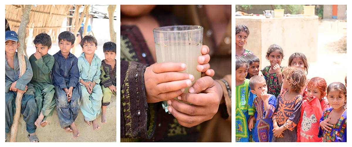 A collage of three images depicting scenes from a rural setting. On the left, five boys in traditional clothing sit side by side on a raised platform, looking solemnly towards the camera. In the middle, a close-up of a child's hands holding a glass of contaminated water, suggesting poor water quality. On the right, a group of girls in colorful dresses smile and interact with each other, with rustic buildings in the background.