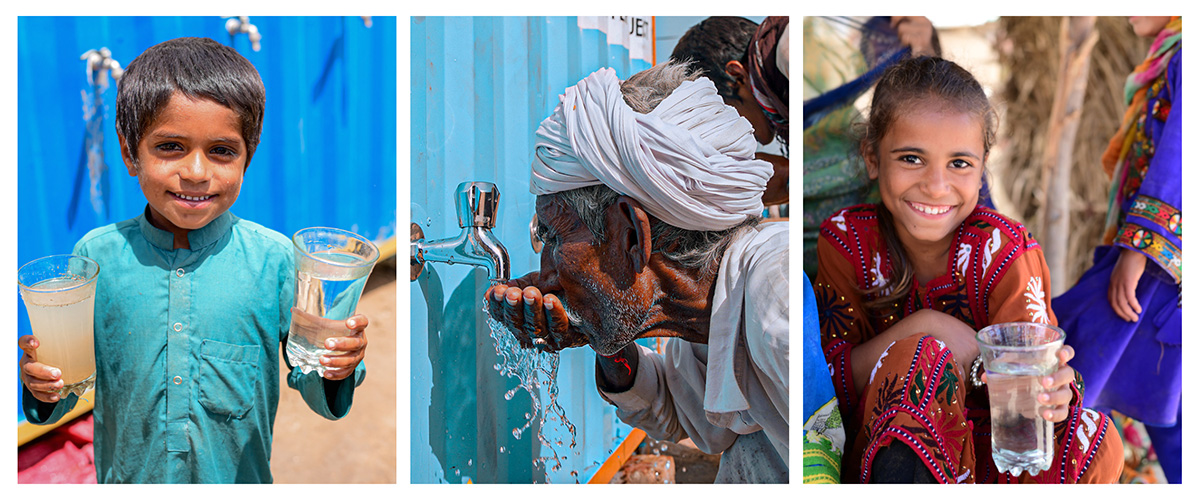A collage showing the impact of clean water access. On the left, a boy in a teal kurta smiles, holding a clear glass of water and a cloudy one, symbolizing water before and after purification. The center image captures an elderly man in a white turban drinking fresh water from a tap. On the right, a girl in a traditional red and brown embroidered dress holds a glass of clean water, smiling joyfully.