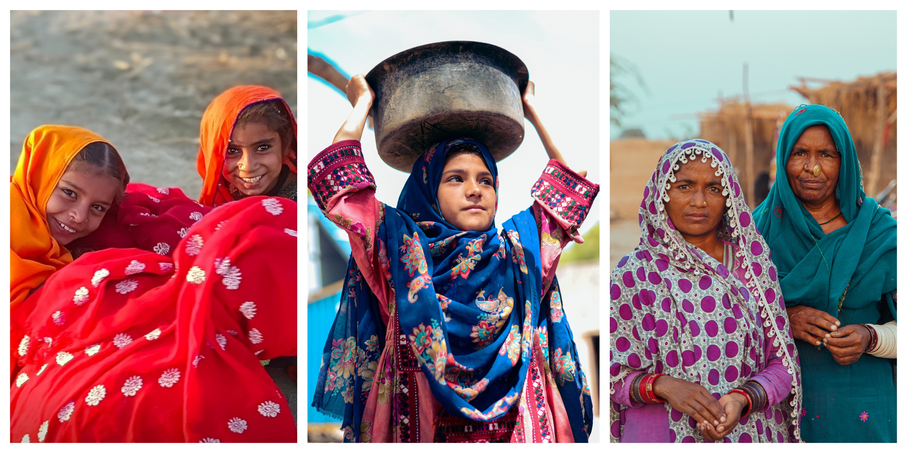 A collage of three images depicting women and girls in traditional attire. On the left, two girls with bright orange and red scarves giggle together. In the center, a young girl in a blue shawl balances a large metal pot on her head, gazing upwards. On the right, two women in vibrant clothes, one in purple with polka dots and the other in teal, stand solemnly side by side